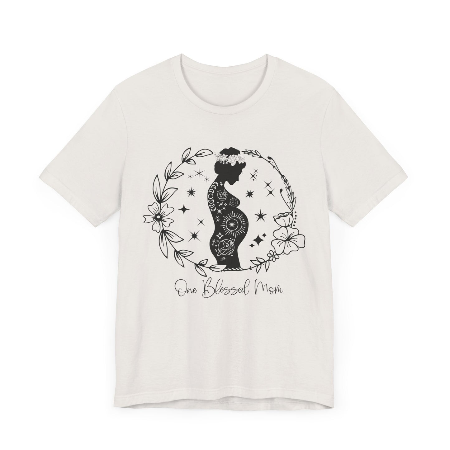 Flat lay of the "One Blessed Mom" T-Shirt, highlighting the soft Airlume cotton fabric and classic crew neckline. White vintage