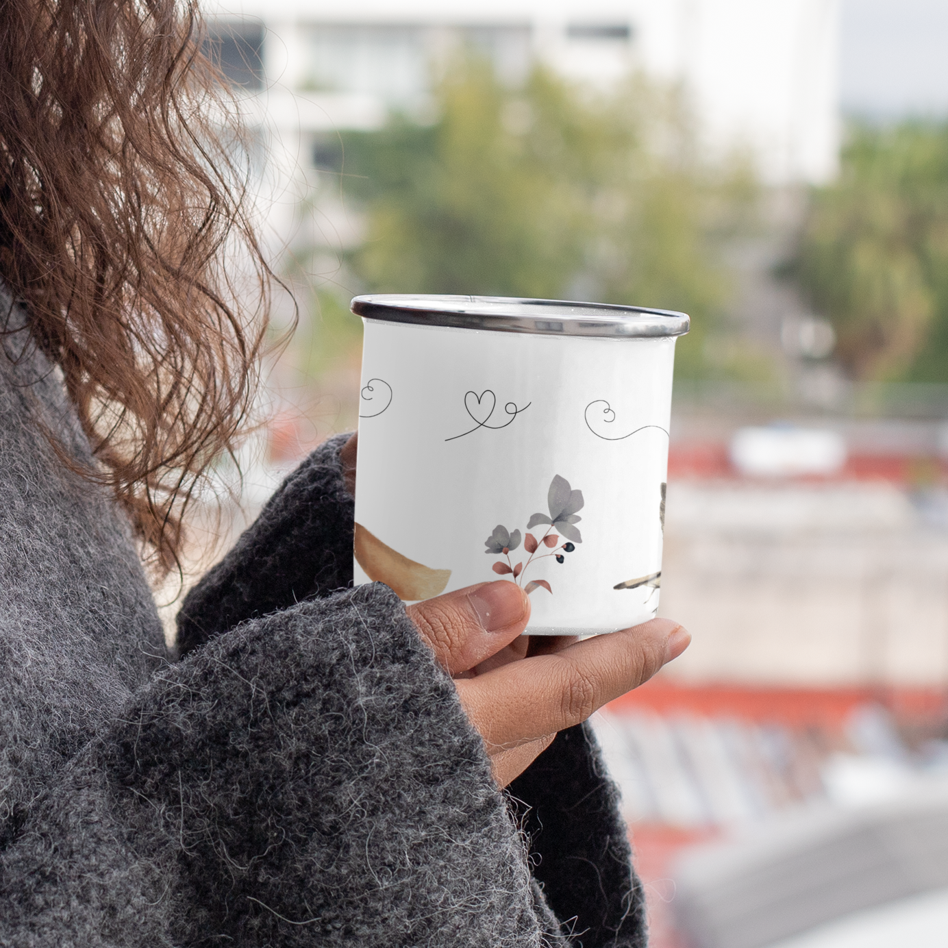 Personalized enamel camping mug featuring Spring Animals and the name
