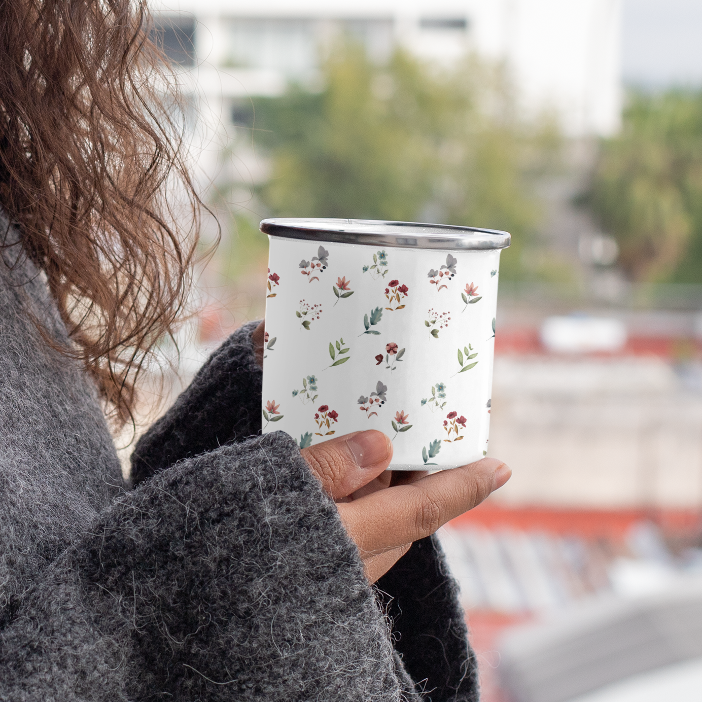 Enamel mug with a floral design