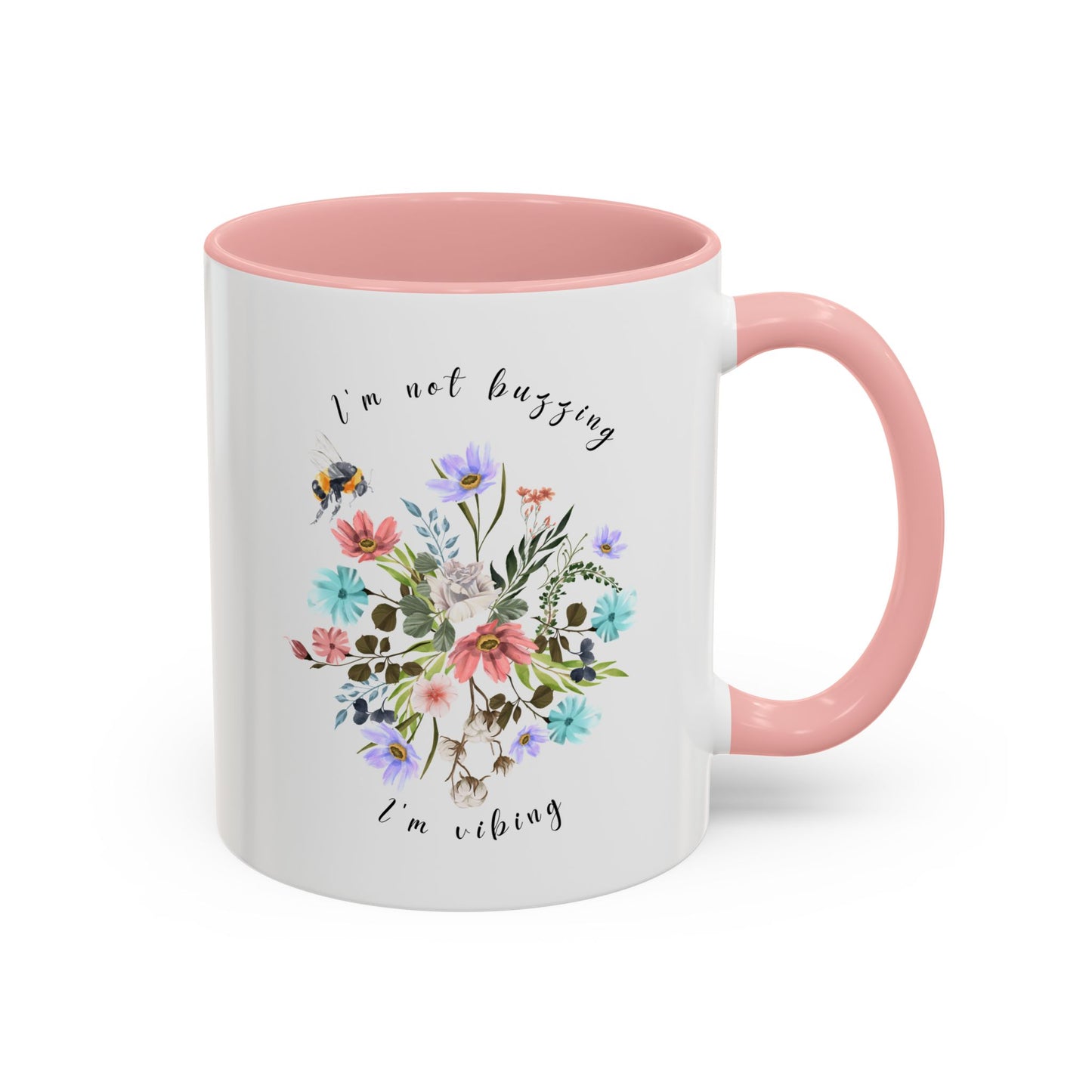 Close-up view of the detailed bee and wildflower illustration Coffee Mug, 11oz pink