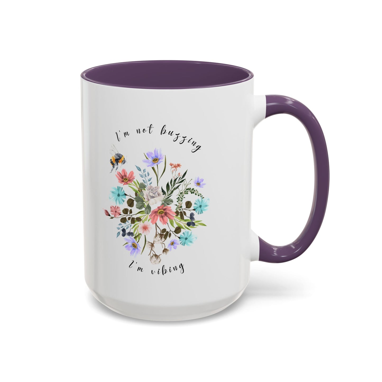 Close-up view of the detailed bee and wildflower illustration Coffee Mug, 15oz purple