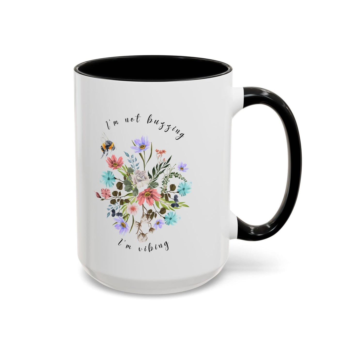 Close-up view of the detailed bee and wildflower illustration Coffee Mug, 15oz Black