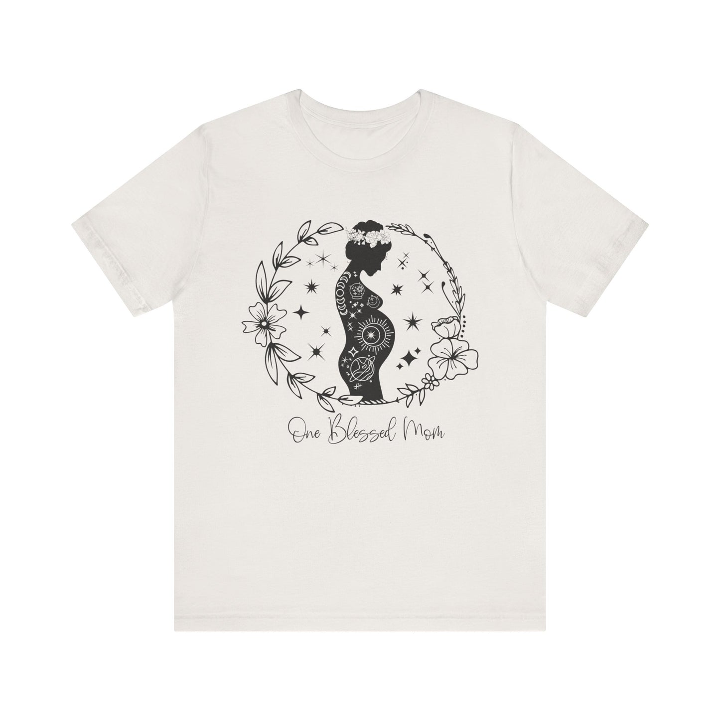 Flat lay of the "One Blessed Mom" T-Shirt, highlighting the soft Airlume cotton fabric and classic crew neckline. Heather gray