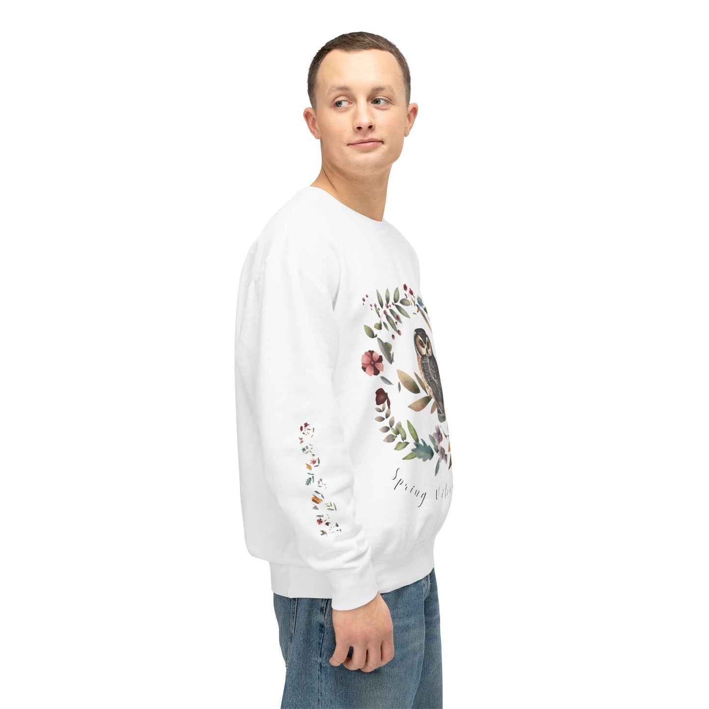 Spring Vibes Only: Watercolor Owl & Flowers Unisex Lightweight Crewneck Sweatshirt - Wild Family Tribe