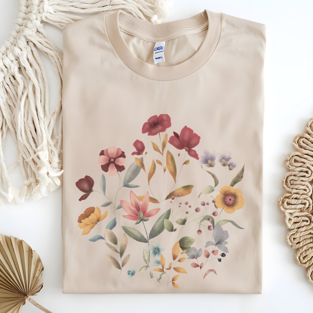 Flat lay of the "Hello Spring" Floral Tee, highlighting the soft, 100% US cotton fabric, classic crew neck, and the beautiful botanical floral design. Color Sand