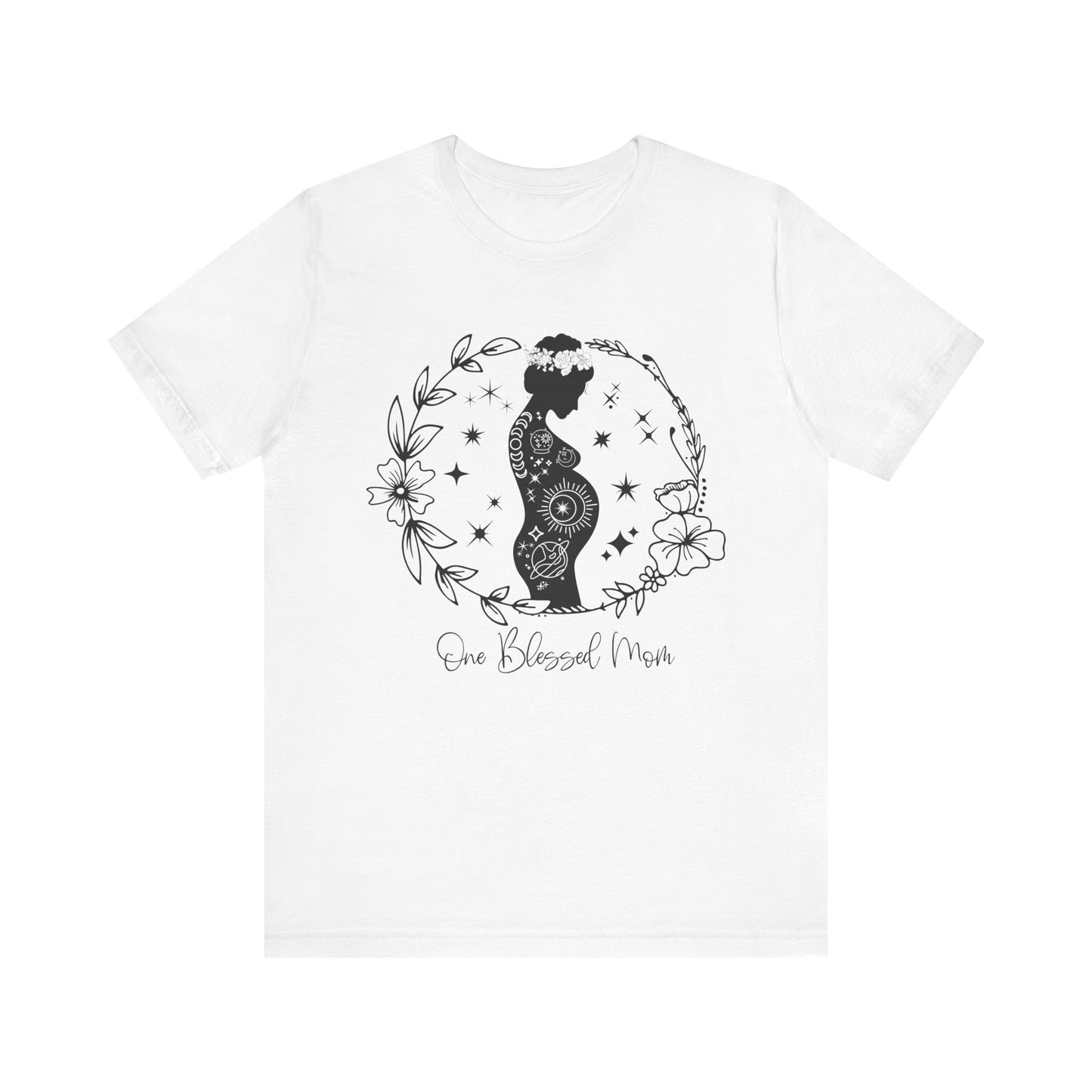 Flat lay of the "One Blessed Mom" T-Shirt, highlighting the soft Airlume cotton fabric and classic crew neckline.White
