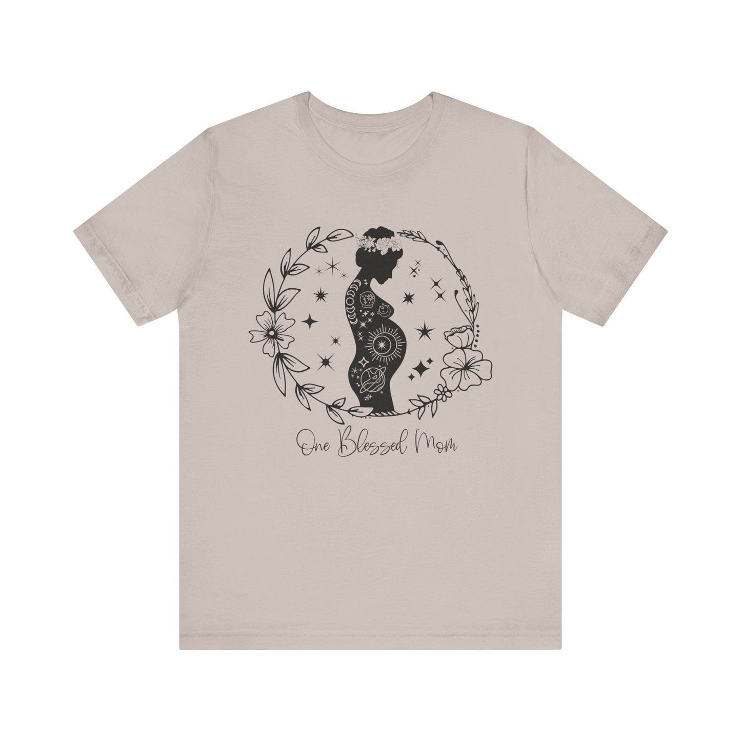 Flat lay of the "One Blessed Mom" T-Shirt, highlighting the soft Airlume cotton fabric and classic crew neckline. Sand