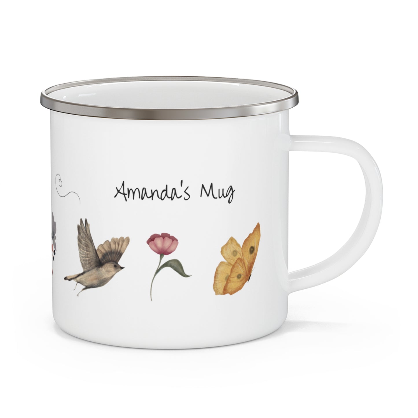 Personalized enamel camping mug featuring Spring Animals and the name