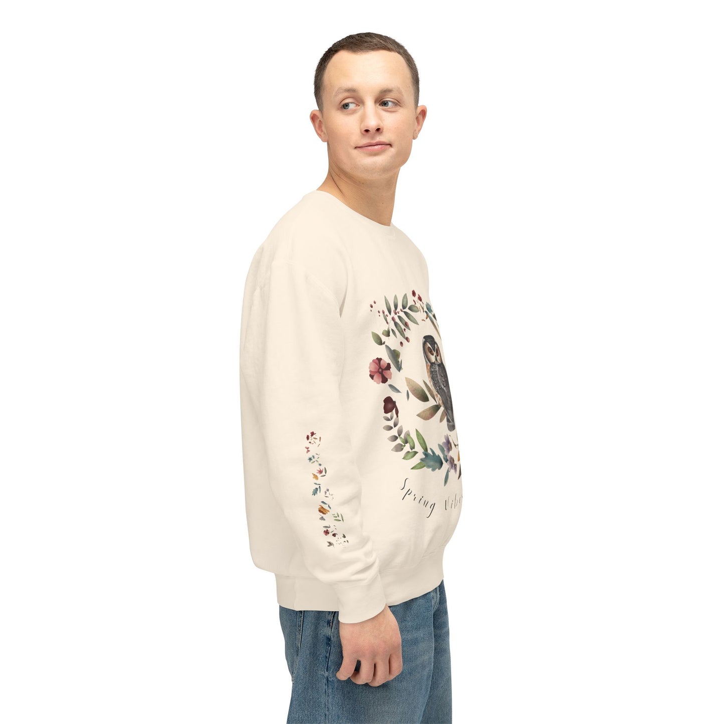 Spring Vibes Only: Watercolor Owl & Flowers Unisex Lightweight Crewneck Sweatshirt - Wild Family Tribe