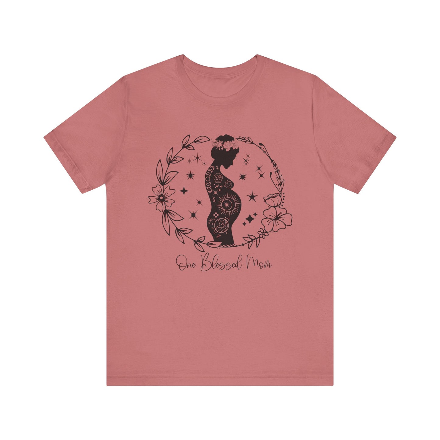Flat lay of the "One Blessed Mom" T-Shirt, highlighting the soft Airlume cotton fabric and classic crew neckline. Mauve