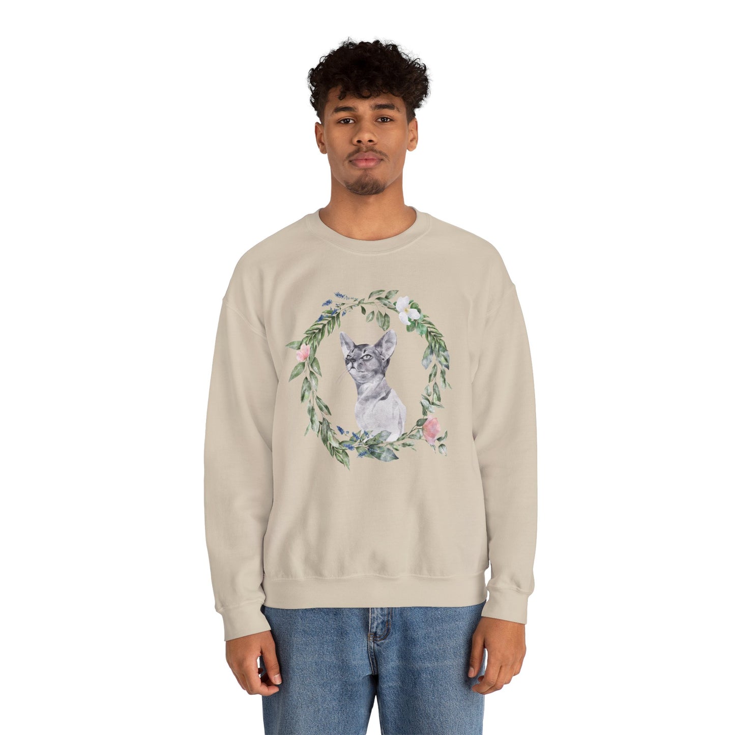 Watercolor Cat & Flowers Unisex Crewneck Sweatshirt - Purrfect for Spring - Wild Family Tribe