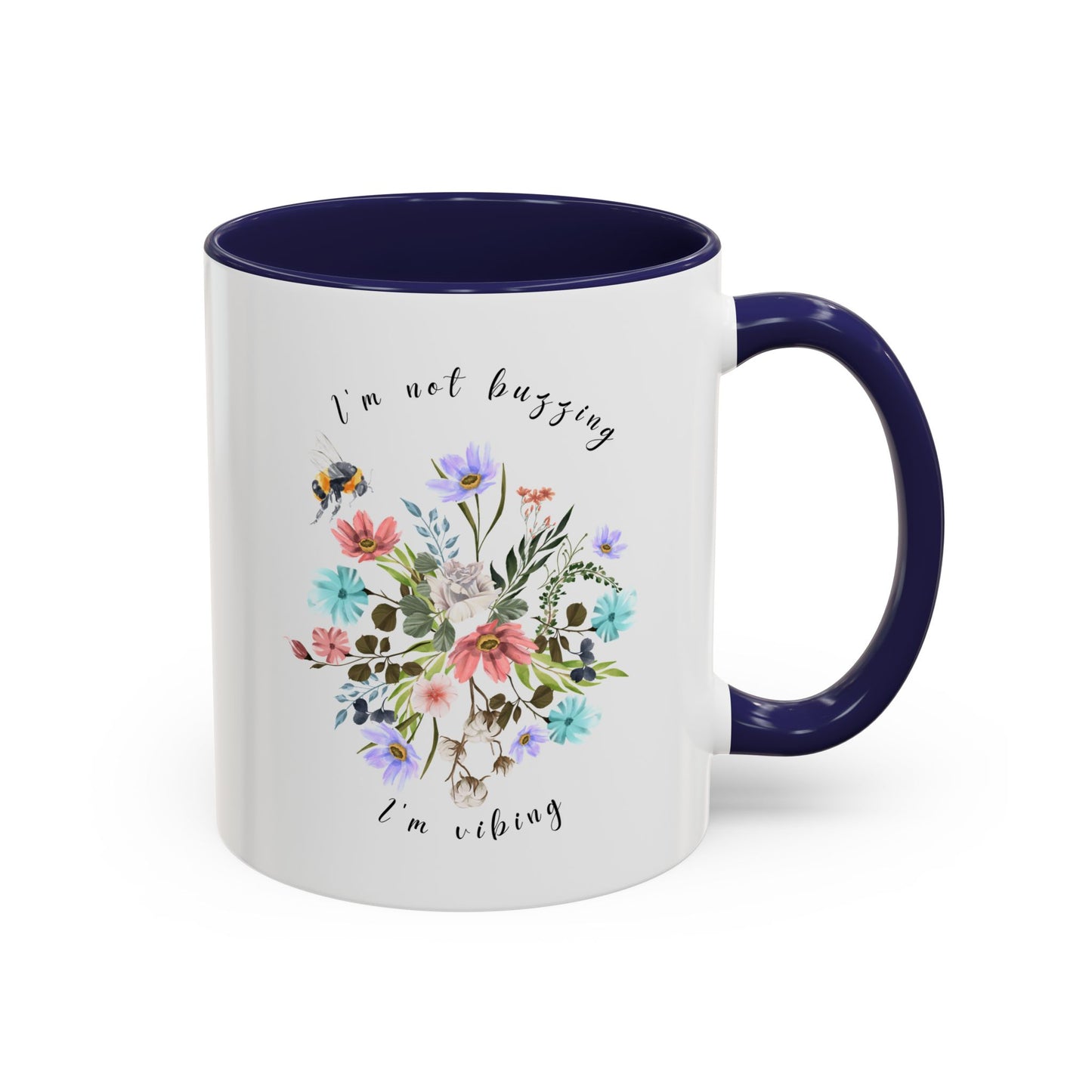 Close-up view of the detailed bee and wildflower illustration Coffee Mug, 11oz Navy