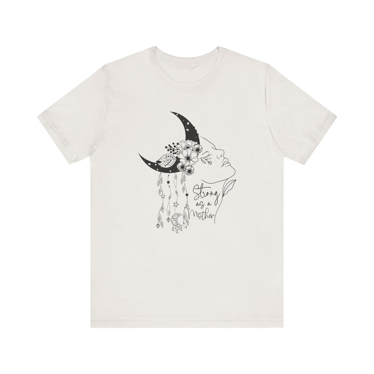 Flat lay of the "Strong as a Mother" T-Shirt, highlighting the soft Airlume cotton fabric and classic crew neckline. Color White Vintage. The graphic is clearly visible, showing the woman's profile, crescent moon, flowers, and charms in detail.