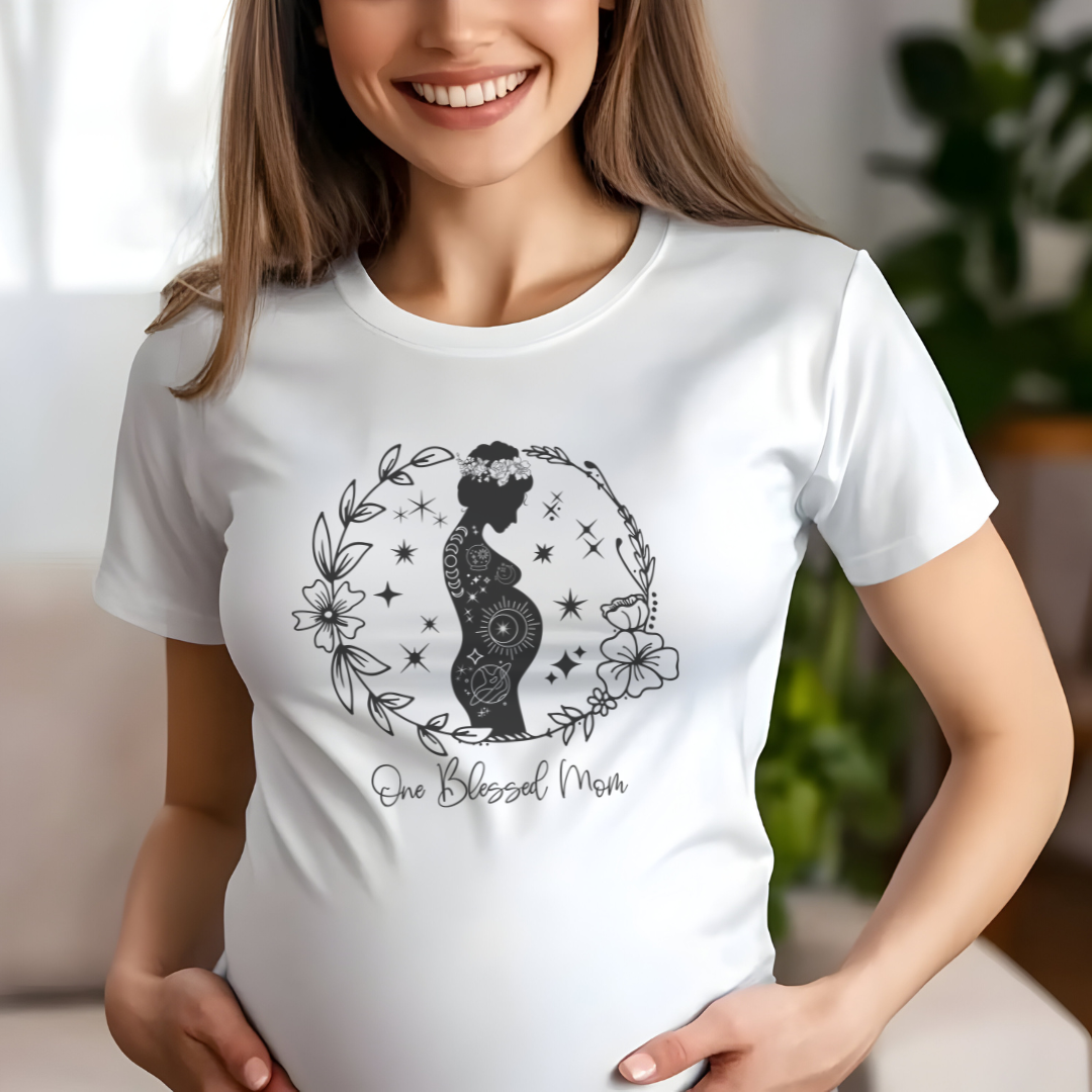 Lifestyle shot of a mom wearing the "One Blessed Mom" T-Shirt, showing how it can be styled and its comfort for pregnancy.
