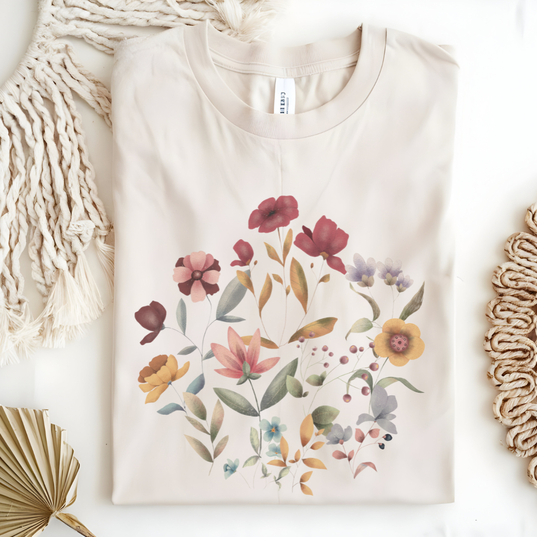 Flat lay of the "Hello Spring" Floral Tee, highlighting the soft, 100% US cotton fabric, classic crew neck, and the beautiful botanical floral design. Color Natural