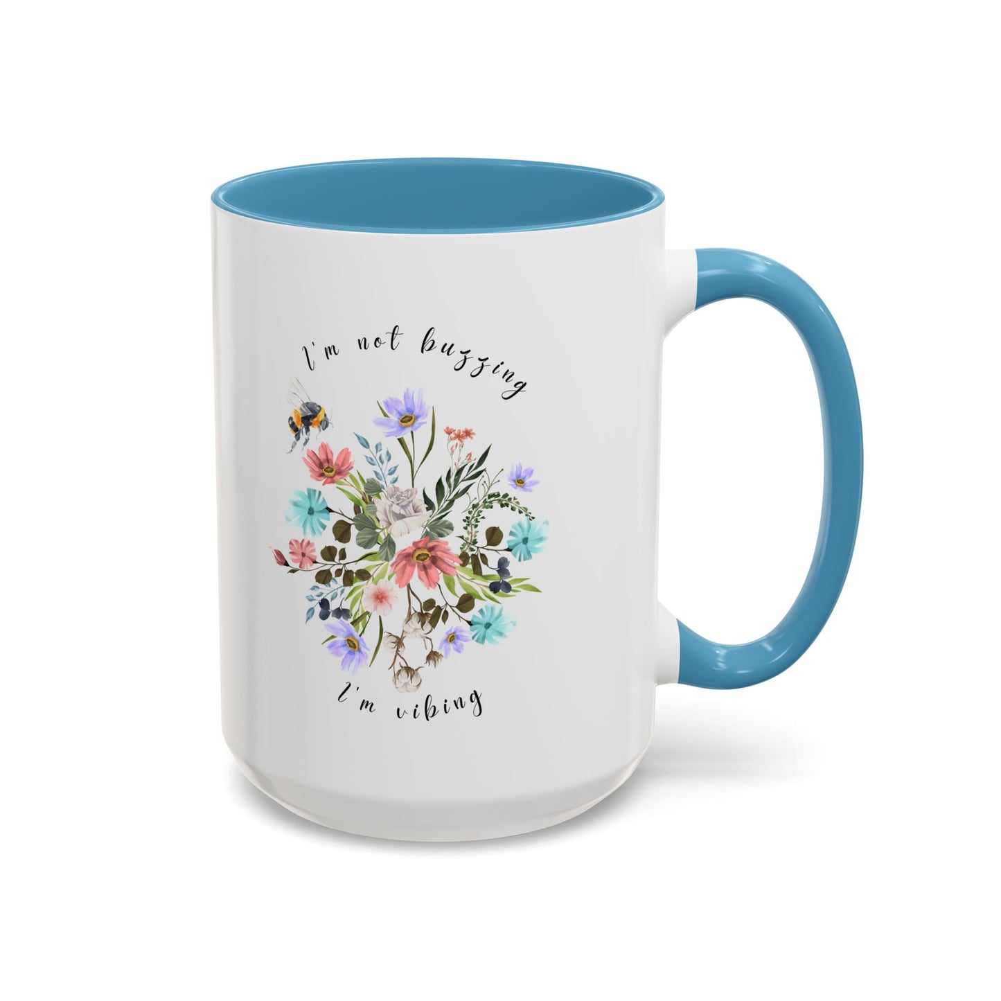 Close-up view of the detailed bee and wildflower illustration Coffee Mug, 15oz Light blue