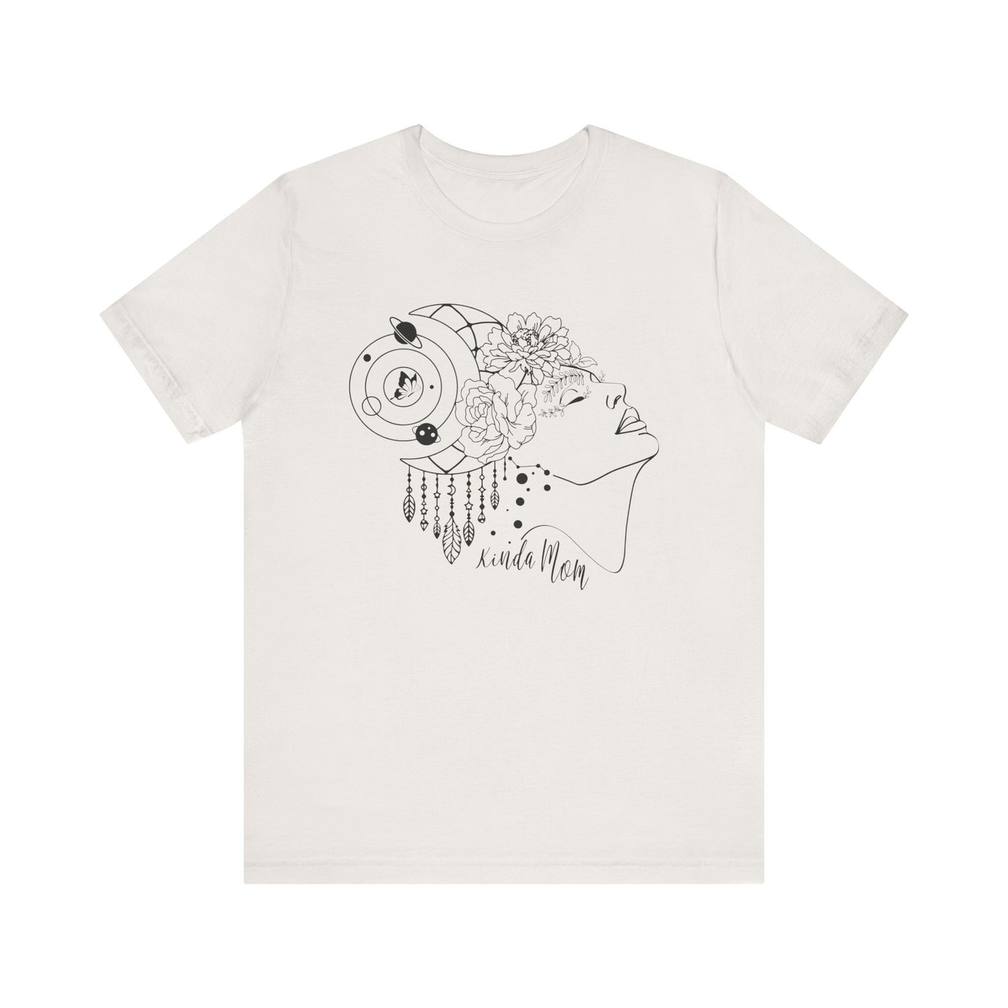 Flat lay of the "Kinda Mom" T-Shirt, highlighting the soft Airlume cotton fabric and classic crew neckline. Color White Vintage