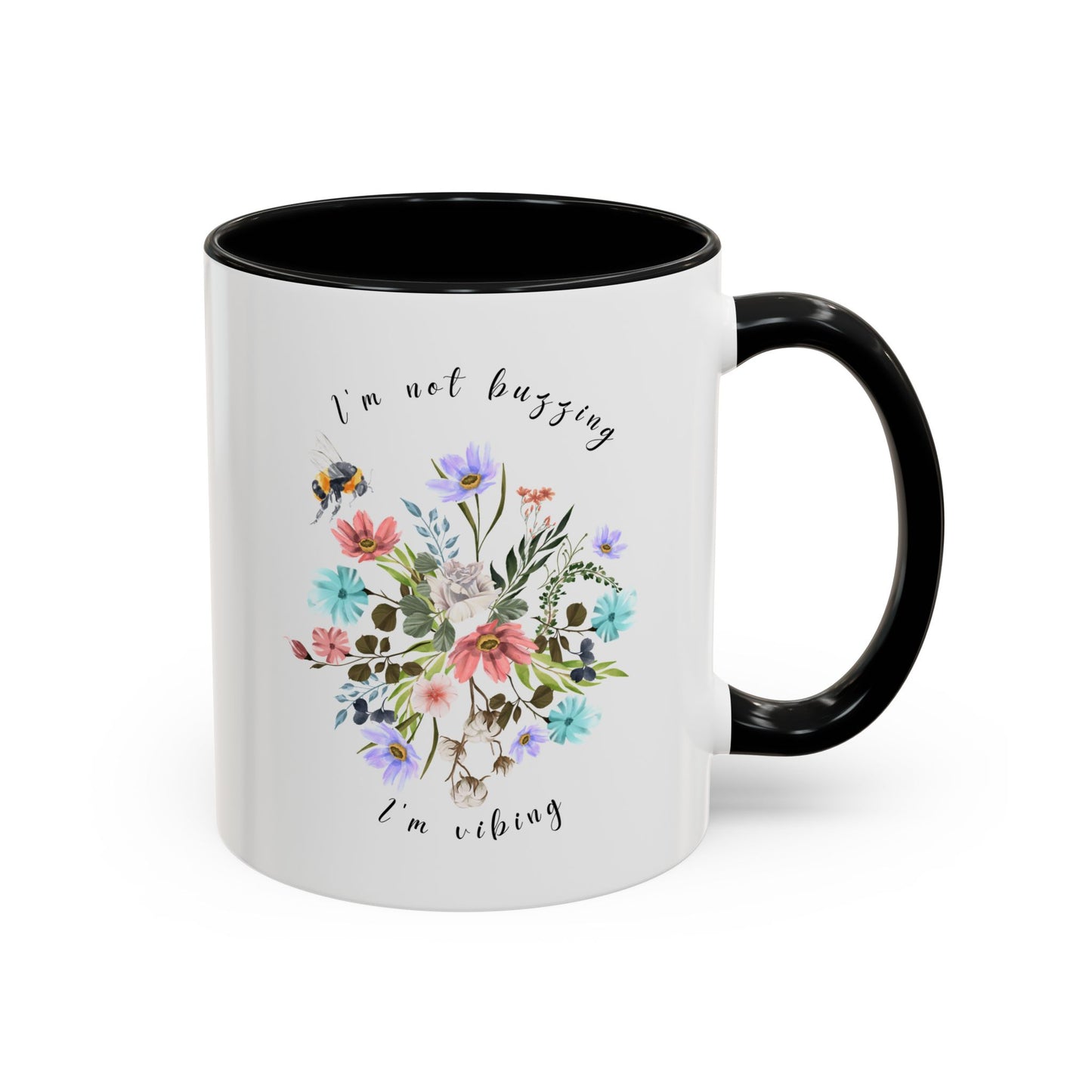 Close-up view of the detailed bee and wildflower illustration Coffee Mug, 11oz black