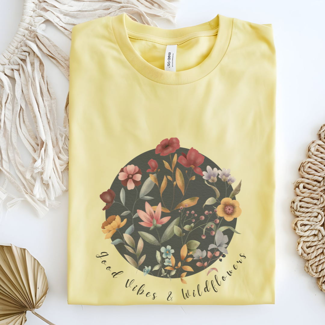 Flat lay of the "Hello Spring: Good Vibes & Wildflowers" Tee, highlighting the soft, 100% US cotton fabric, classic crew neck, and the beautiful botanical floral design. Color Cornsilk