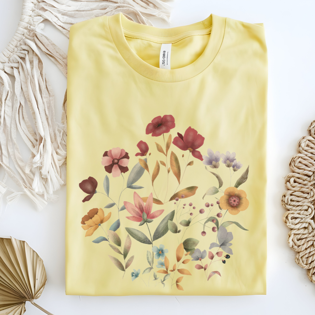Flat lay of the "Hello Spring" Floral Tee, highlighting the soft, 100% US cotton fabric, classic crew neck, and the beautiful botanical floral design. Color Cornsilk