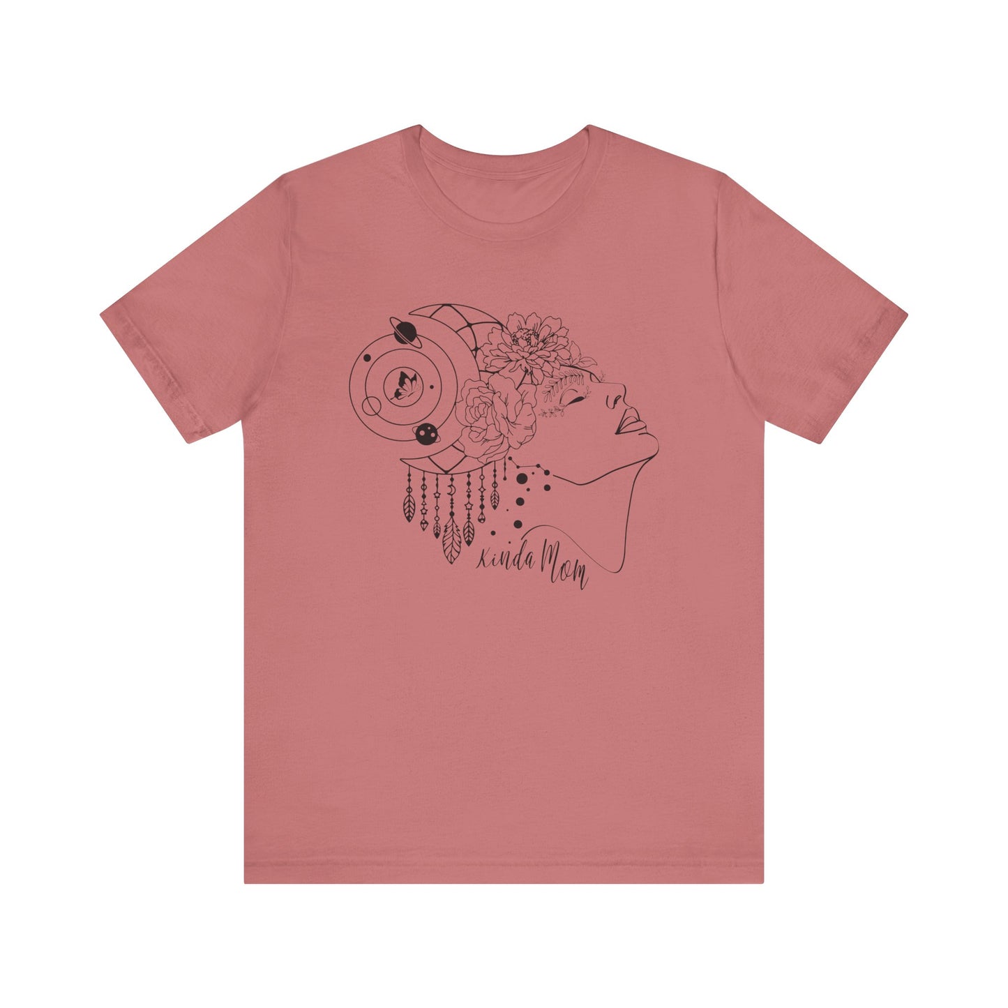 Flat lay of the "Kinda Mom" T-Shirt, highlighting the soft Airlume cotton fabric and classic crew neckline. Color Mauve