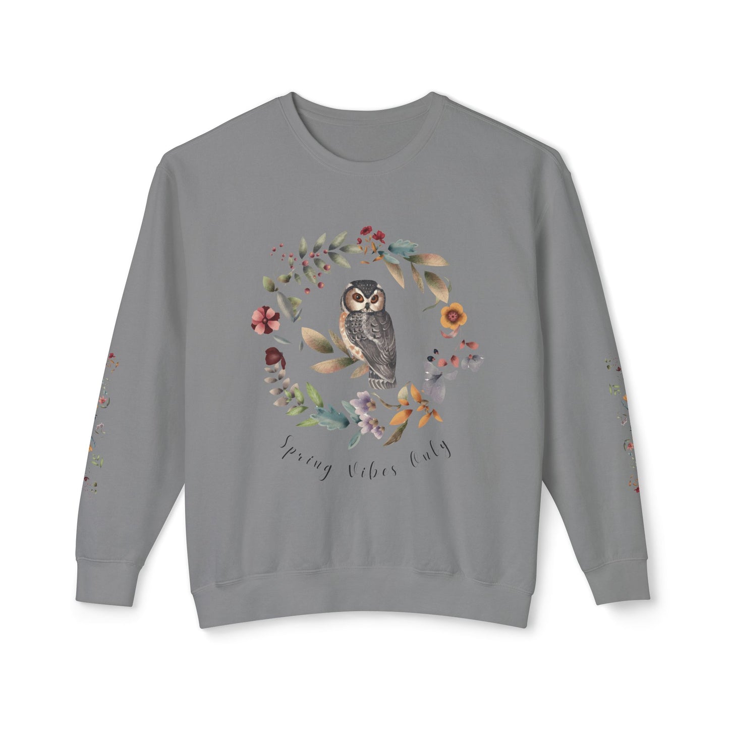 Spring Vibes Only: Watercolor Owl & Flowers Unisex Lightweight Crewneck Sweatshirt - Wild Family Tribe