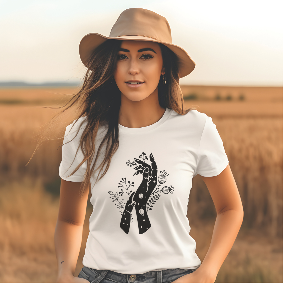 Lifestyle shot of a mom wearing the Mystic Mother T-Shirt, showing how it can be styled for everyday wear.