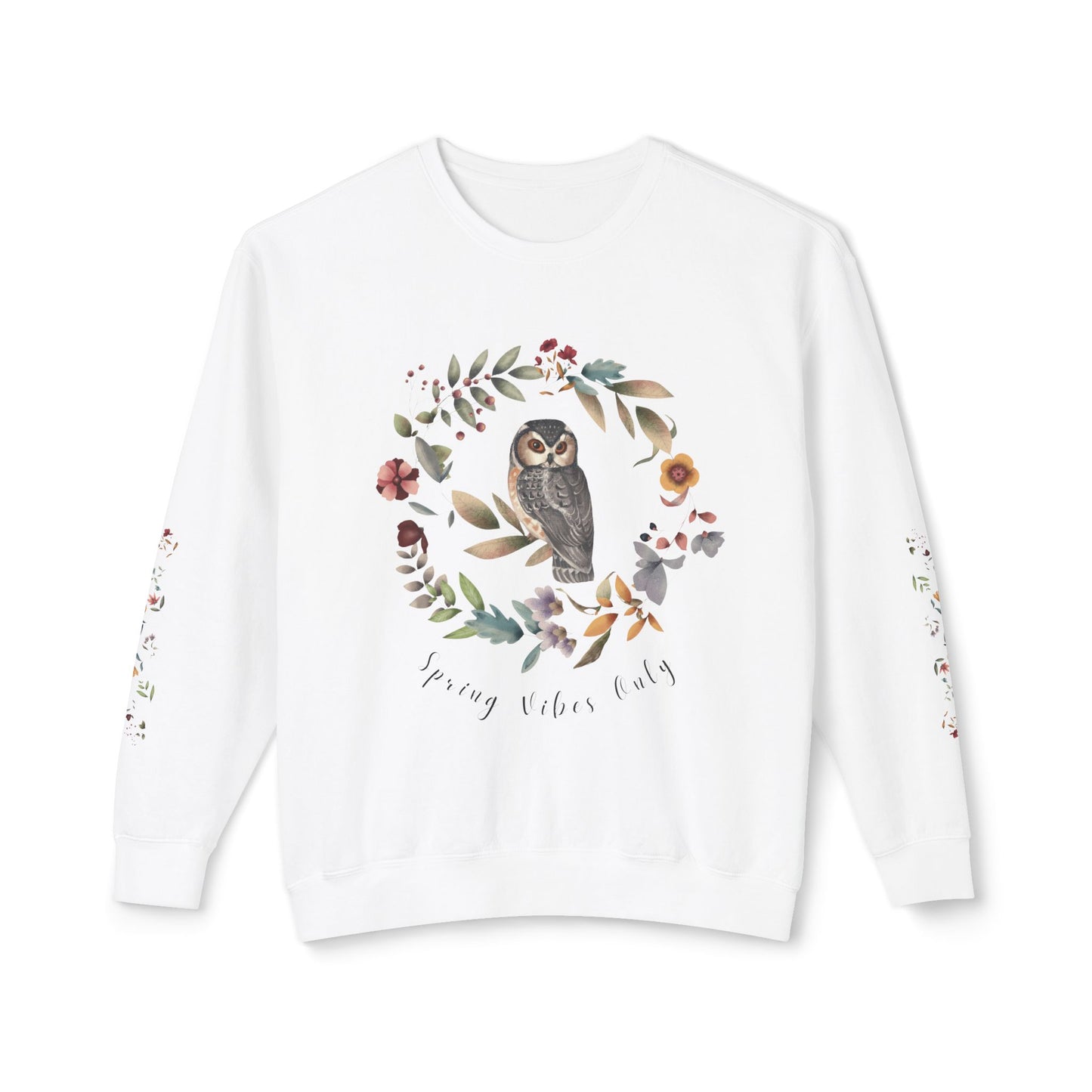 Spring Vibes Only: Watercolor Owl & Flowers Unisex Lightweight Crewneck Sweatshirt - Wild Family Tribe