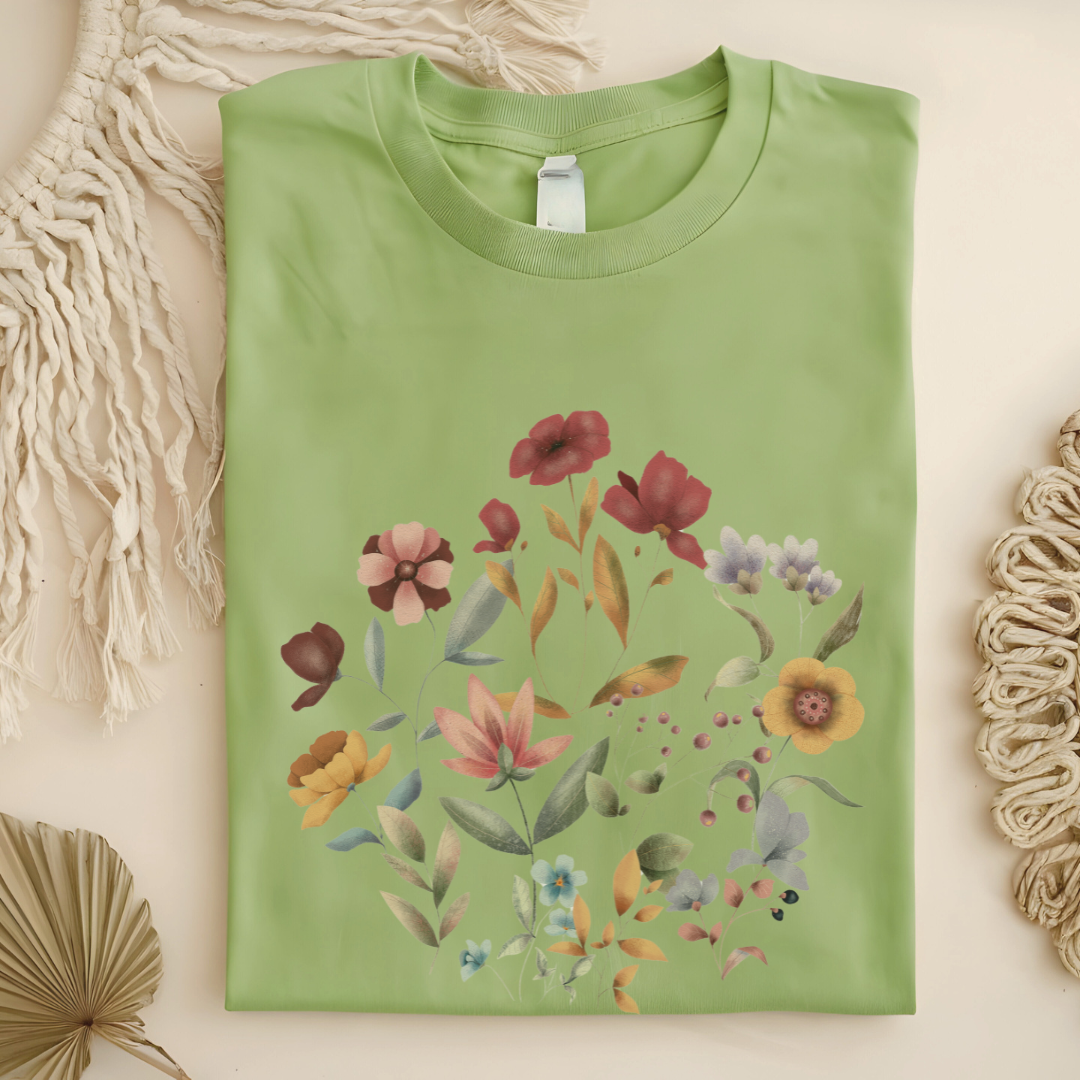 Flat lay of the "Hello Spring" Floral Tee, highlighting the soft, 100% US cotton fabric, classic crew neck, and the beautiful botanical floral design. Color Pistaccio