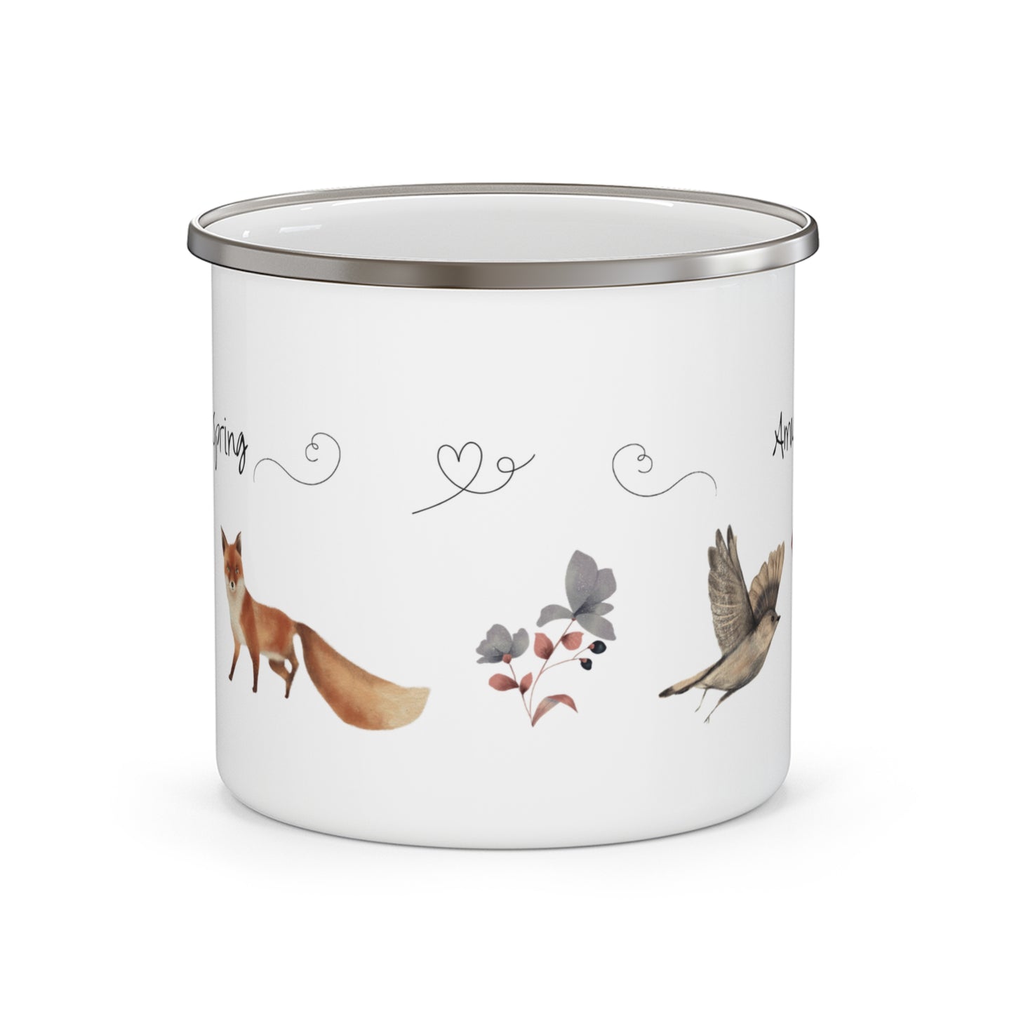 Personalized enamel camping mug featuring Spring Animals and the name