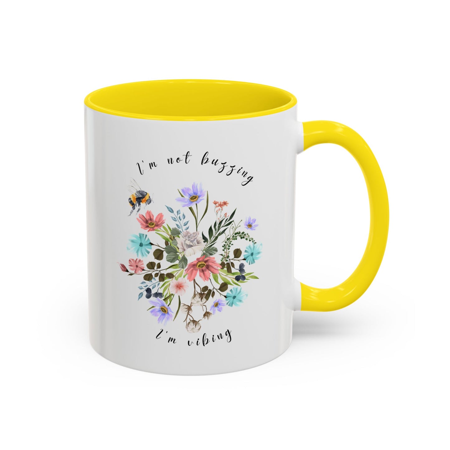 Close-up view of the detailed bee and wildflower illustration Coffee Mug, 11oz yellow