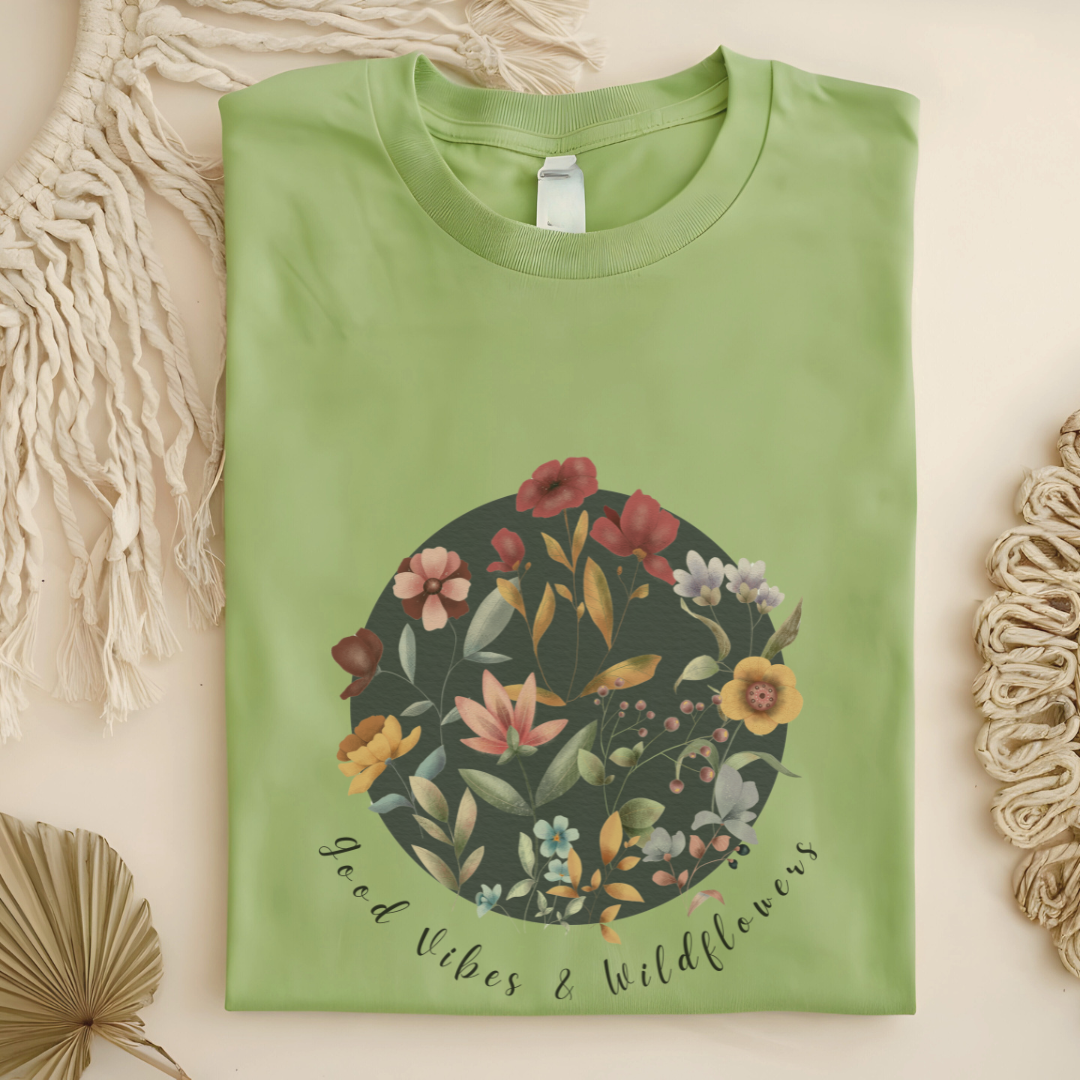 Flat lay of the "Hello Spring: Good Vibes & Wildflowers" Tee, highlighting the soft, 100% US cotton fabric, classic crew neck, and the beautiful botanical floral design. Color Pistaccio