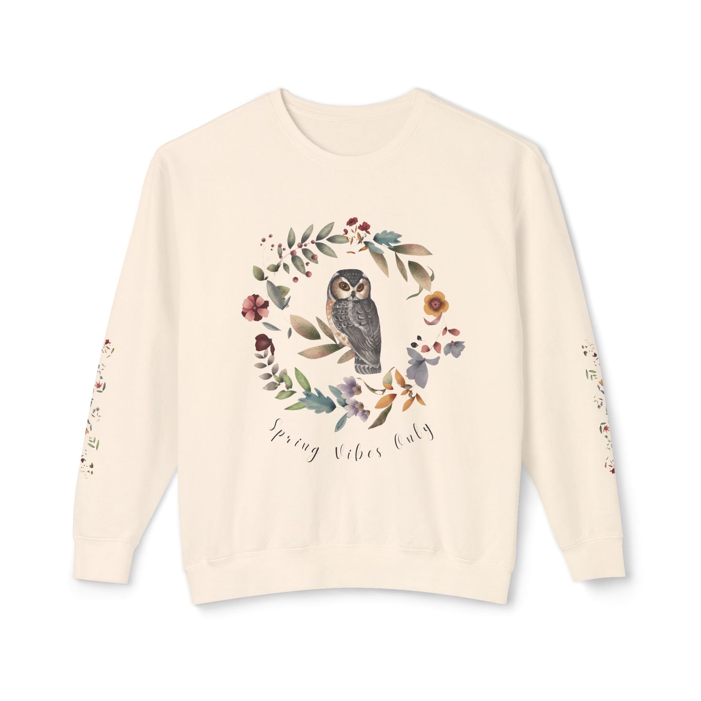 Spring Vibes Only: Watercolor Owl & Flowers Unisex Lightweight Crewneck Sweatshirt - Wild Family Tribe