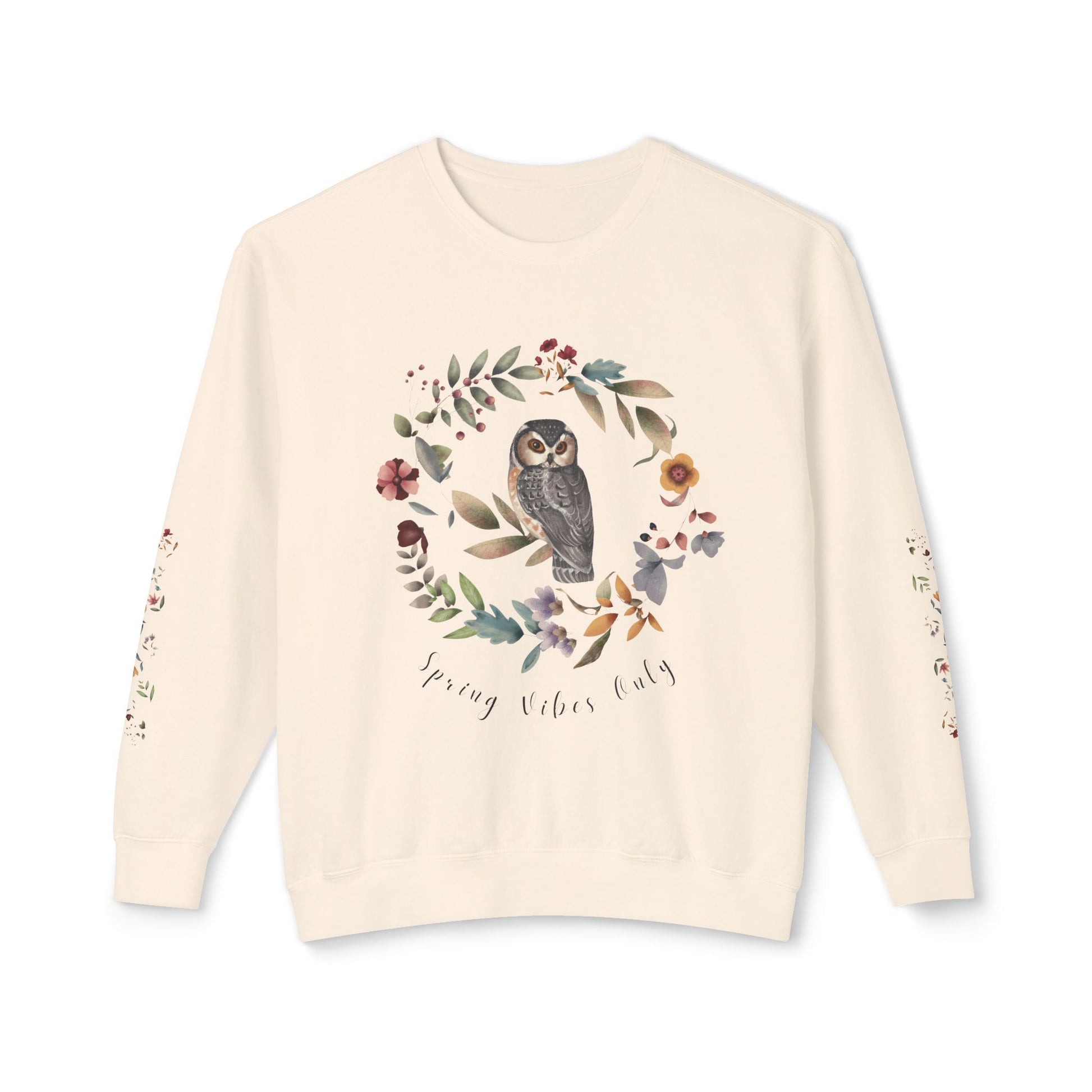 Spring Vibes Only: Watercolor Owl & Flowers Unisex Lightweight Crewneck Sweatshirt - Wild Family Tribe