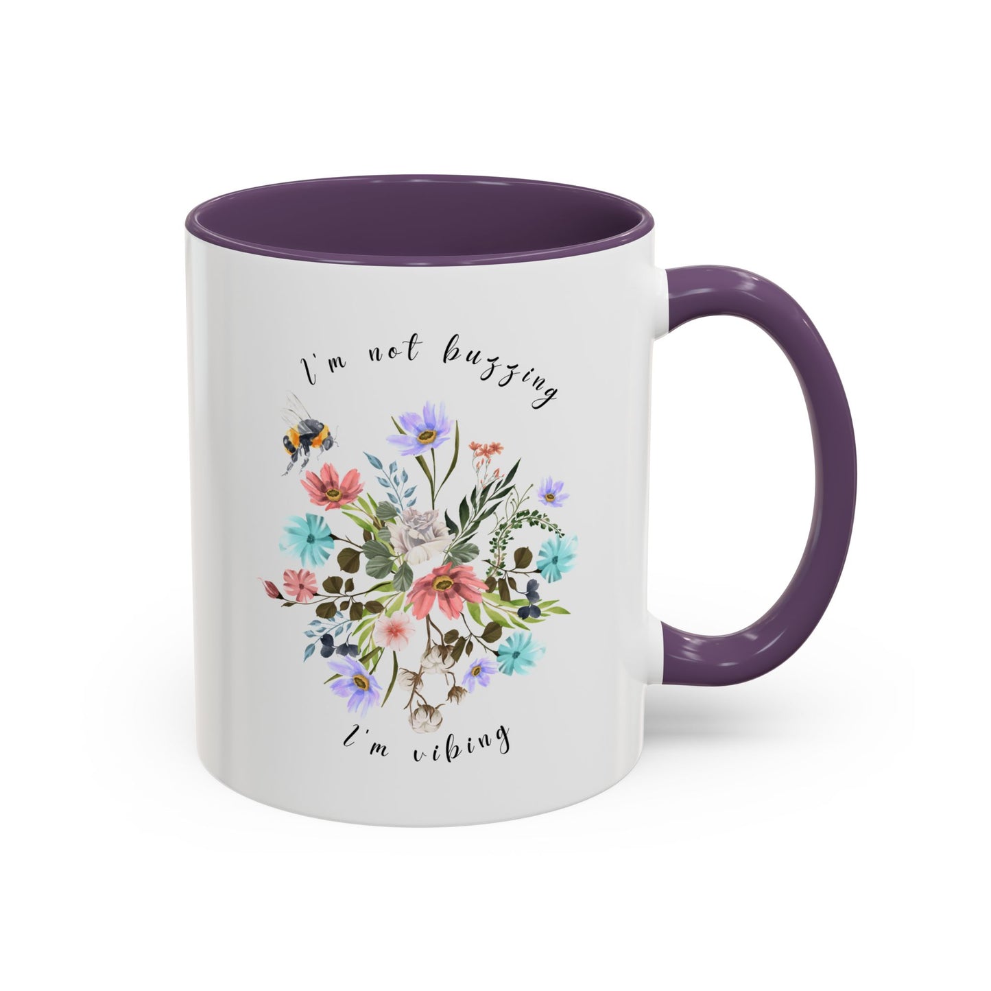 Close-up view of the detailed bee and wildflower illustration Coffee Mug, 11oz purple