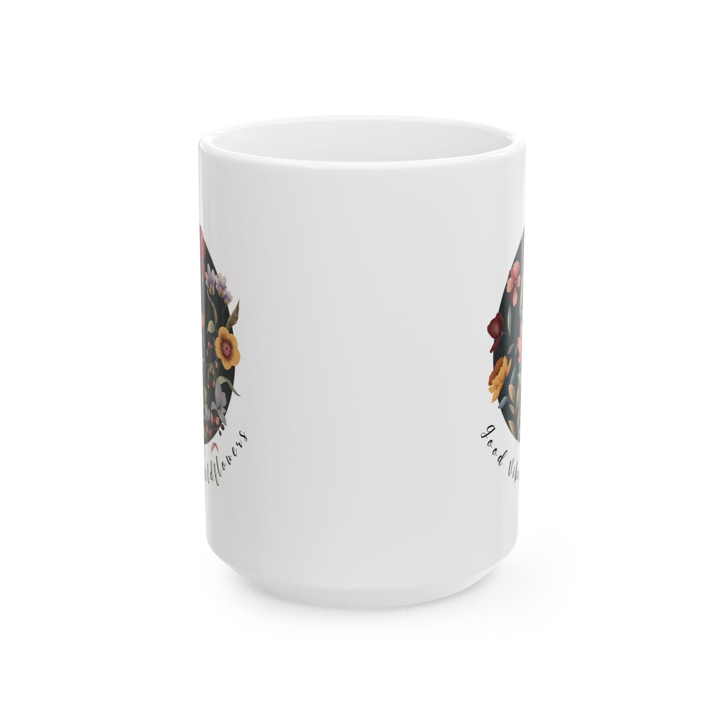Good Vibes & Wildflowers Ceramic Mug, featuring a vibrant circle of wildflowers on a navy background. Available in 11oz