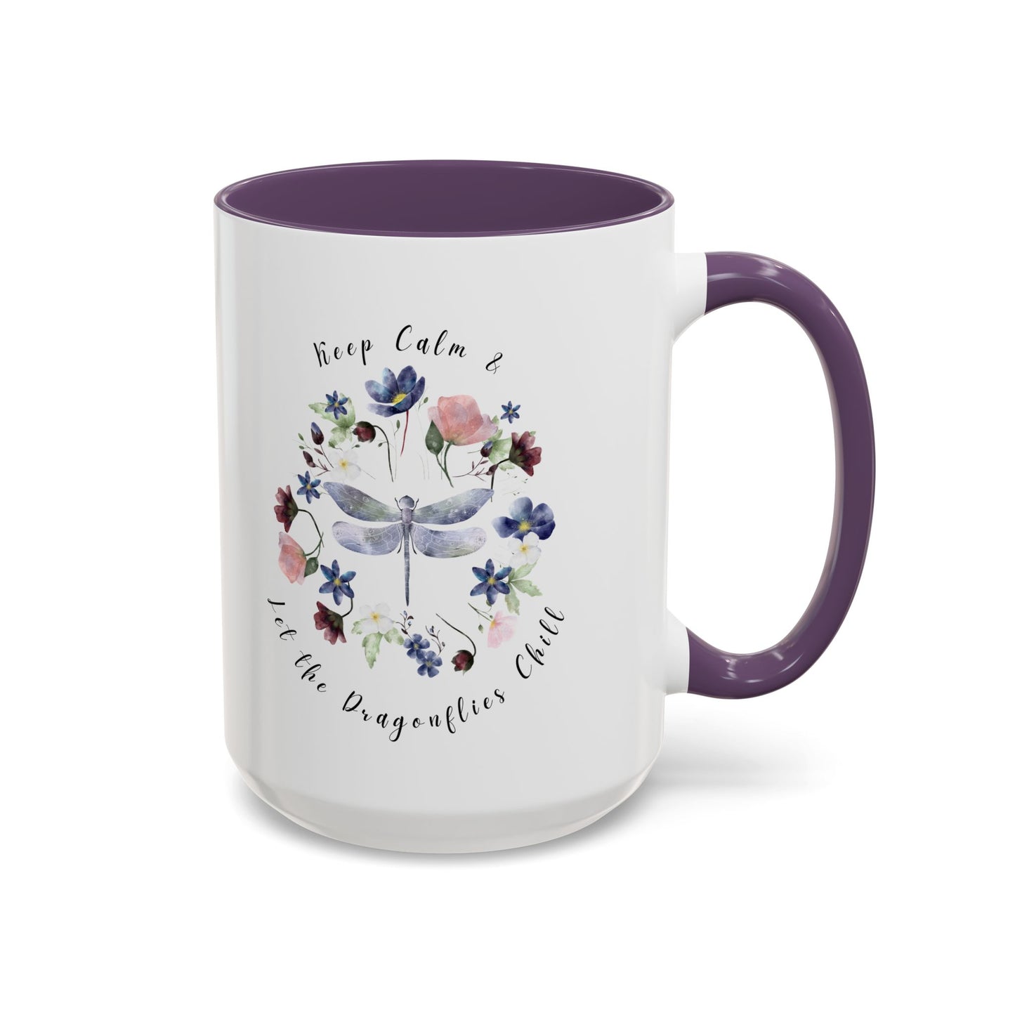 Keep Calm & Let Dragonflies Chill Coffee Mug, featuring a charming designon a white ceramic mug. Available in 15oz Purple