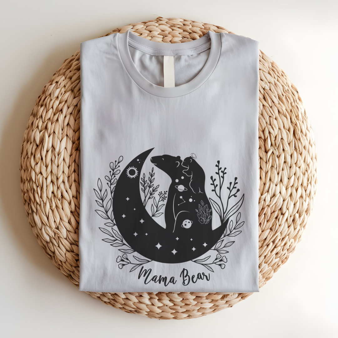 Folded "Mamma Bear" T-Shirt, highlighting the soft Airlume cotton fabric and classic crew neckline. Heather Clay Gray