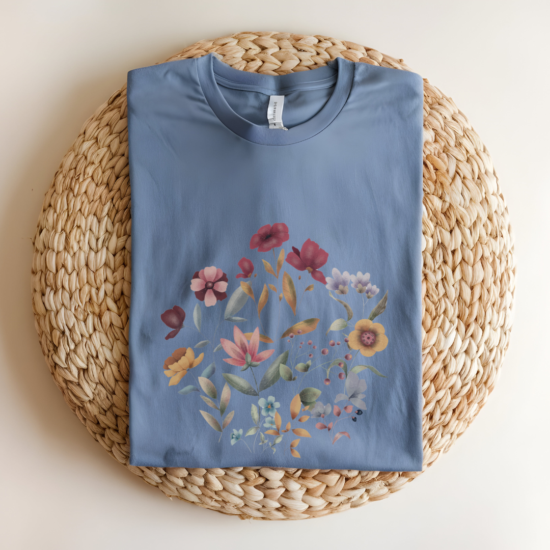 Flat lay of the "Hello Spring" Floral Tee, highlighting the soft, 100% US cotton fabric, classic crew neck, and the beautiful botanical floral design. Color Heather Indigo