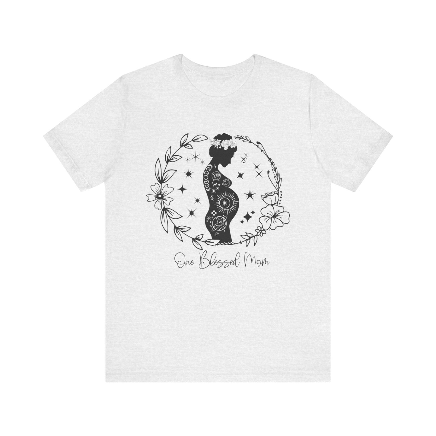 Flat lay of the "One Blessed Mom" T-Shirt, highlighting the soft Airlume cotton fabric and classic crew neckline. Ash