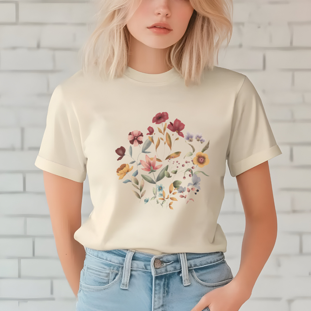 Close-up view of the "Hello Spring" floral graphic, showcasing the delicate details of the individual flower petals, the varied textures of the leaves, and the rich colors of the botanical illustration.