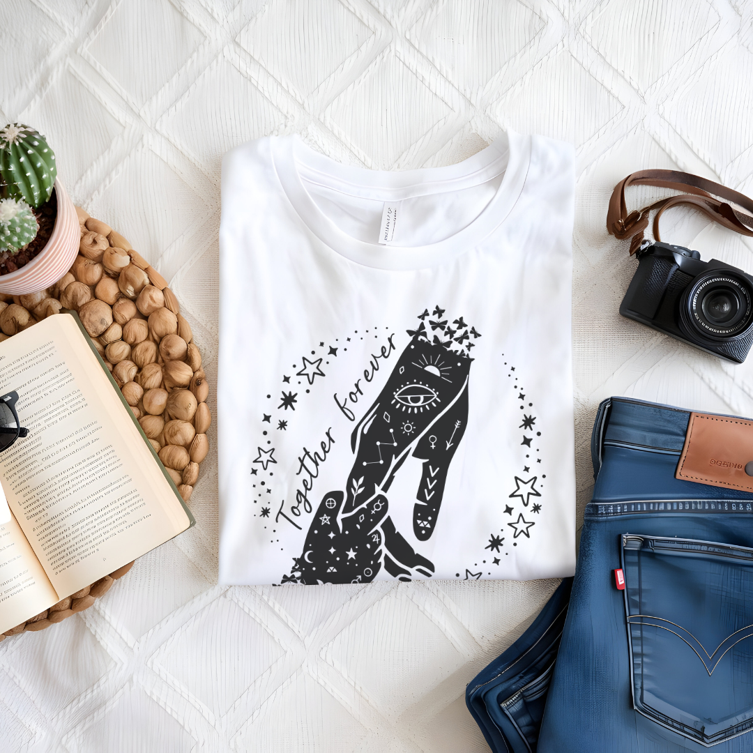 Flat lay of the "Together Forever" Mother's Day T-Shirt, highlighting the soft Airlume cotton fabric and classic crew neckline.