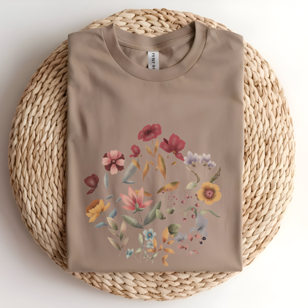 Flat lay of the "Hello Spring" Floral Tee, highlighting the soft, 100% US cotton fabric, classic crew neck, and the beautiful botanical floral design. Color Tan
