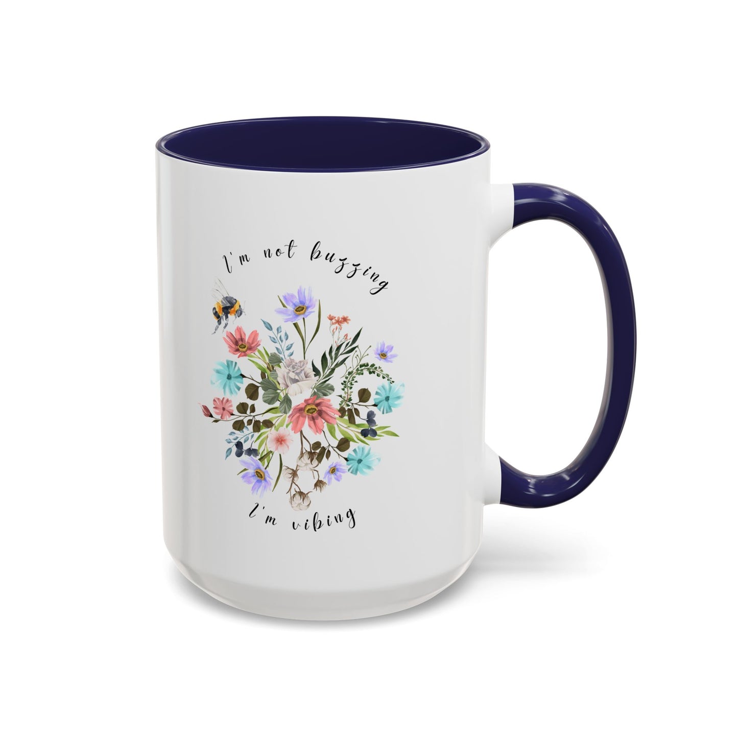 Close-up view of the detailed bee and wildflower illustration Coffee Mug, 15oz Navy