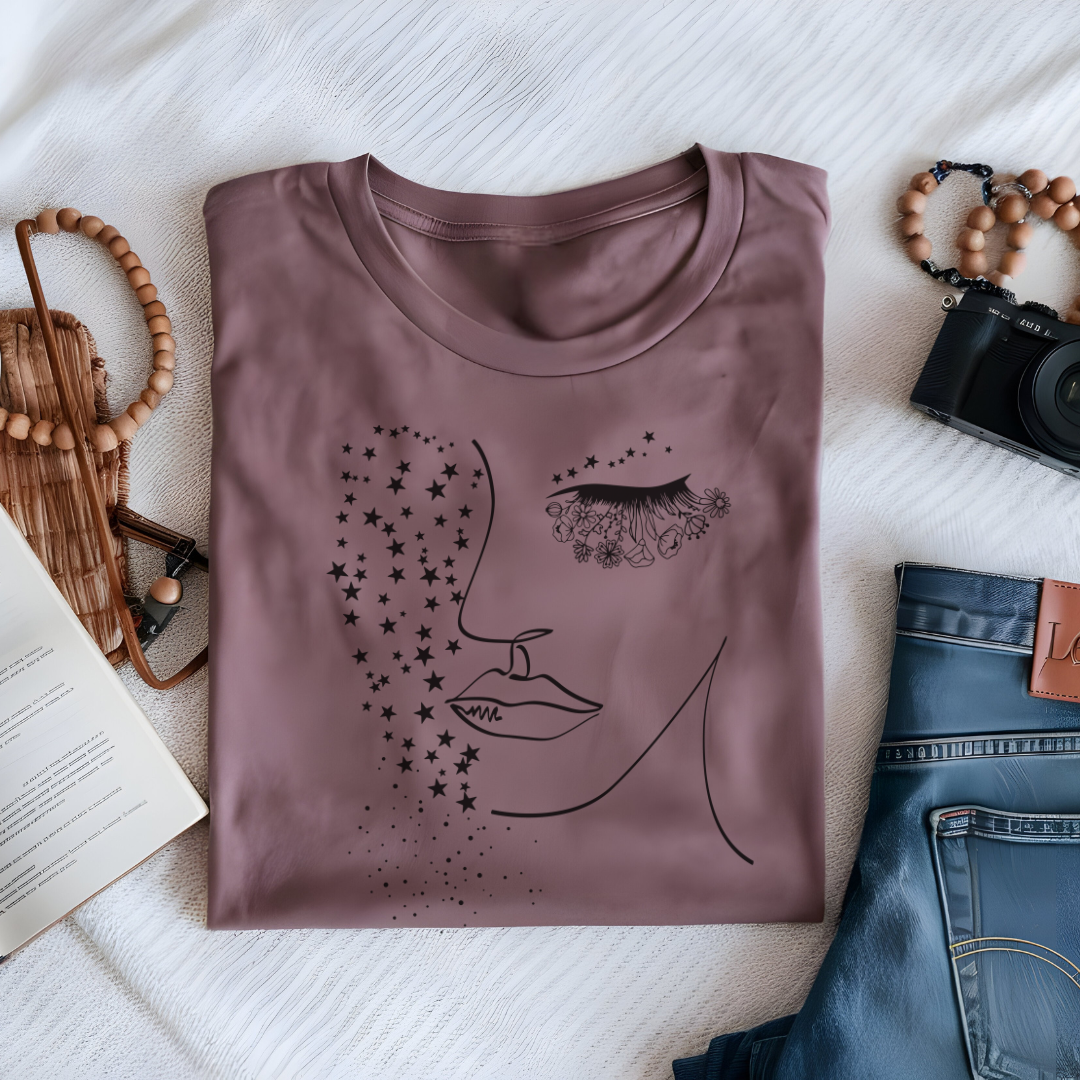 Folded Mother Nature T-Shirt, highlighting the soft Airlume cotton fabric, classic crew neckline,Mauve