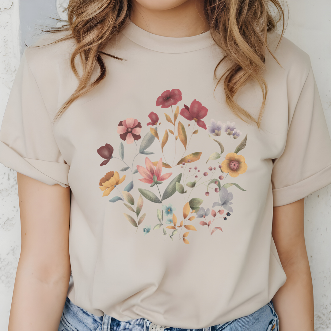 Close-up view of the "Hello Spring" floral graphic, showcasing the delicate details of the individual flower petals, the varied textures of the leaves, and the rich colors of the botanical illustration.