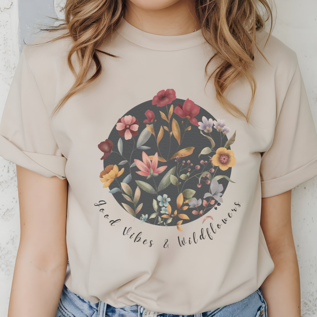 Close-up view of the "Good Vibes & Wildflowers" graphic, showcasing the soft textures of the watercolor wildflowers, the intricate details of the individual petals and leaves, and the elegant typography of the "Good Vibes & Wildflowers" text.