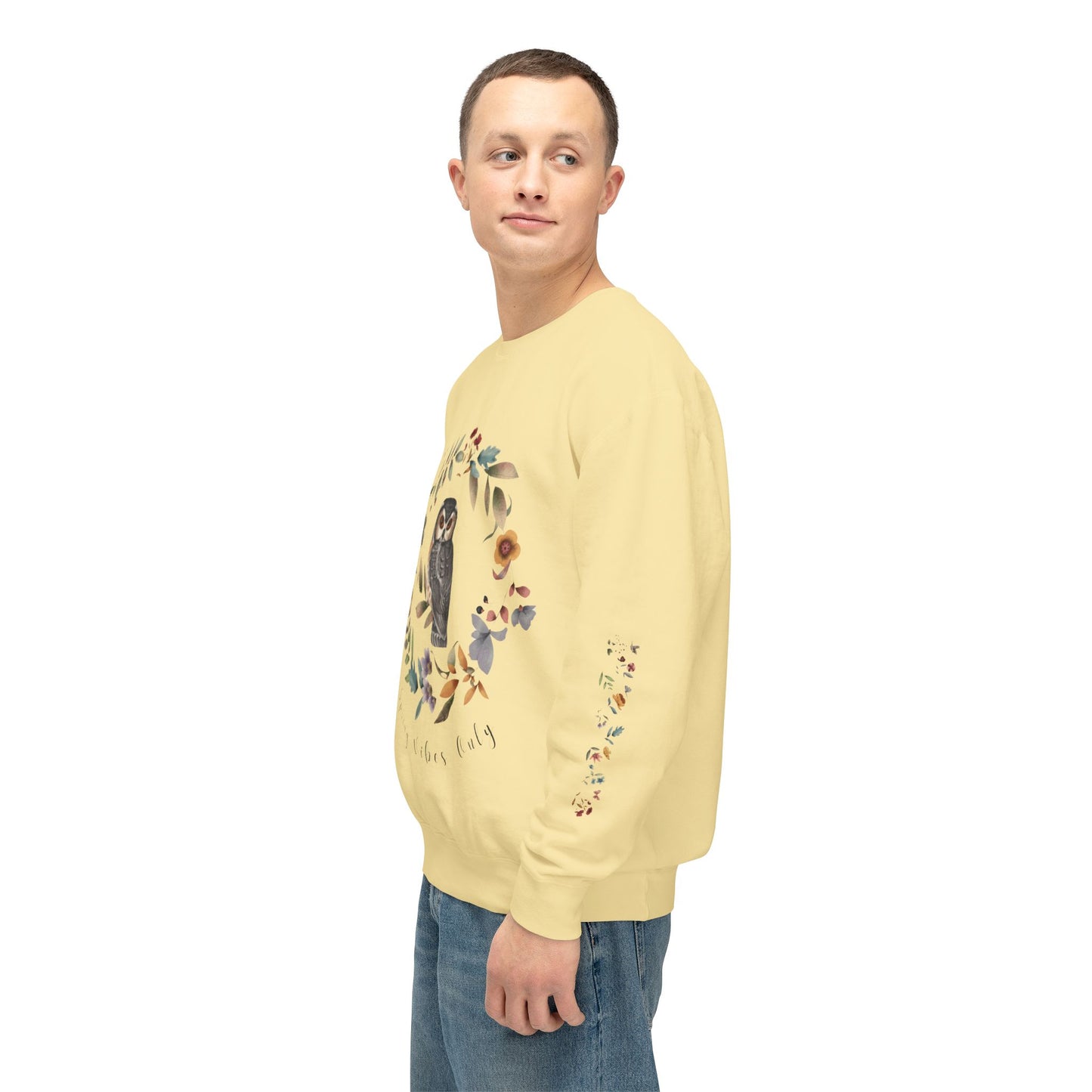 Spring Vibes Only: Watercolor Owl & Flowers Unisex Lightweight Crewneck Sweatshirt - Wild Family Tribe