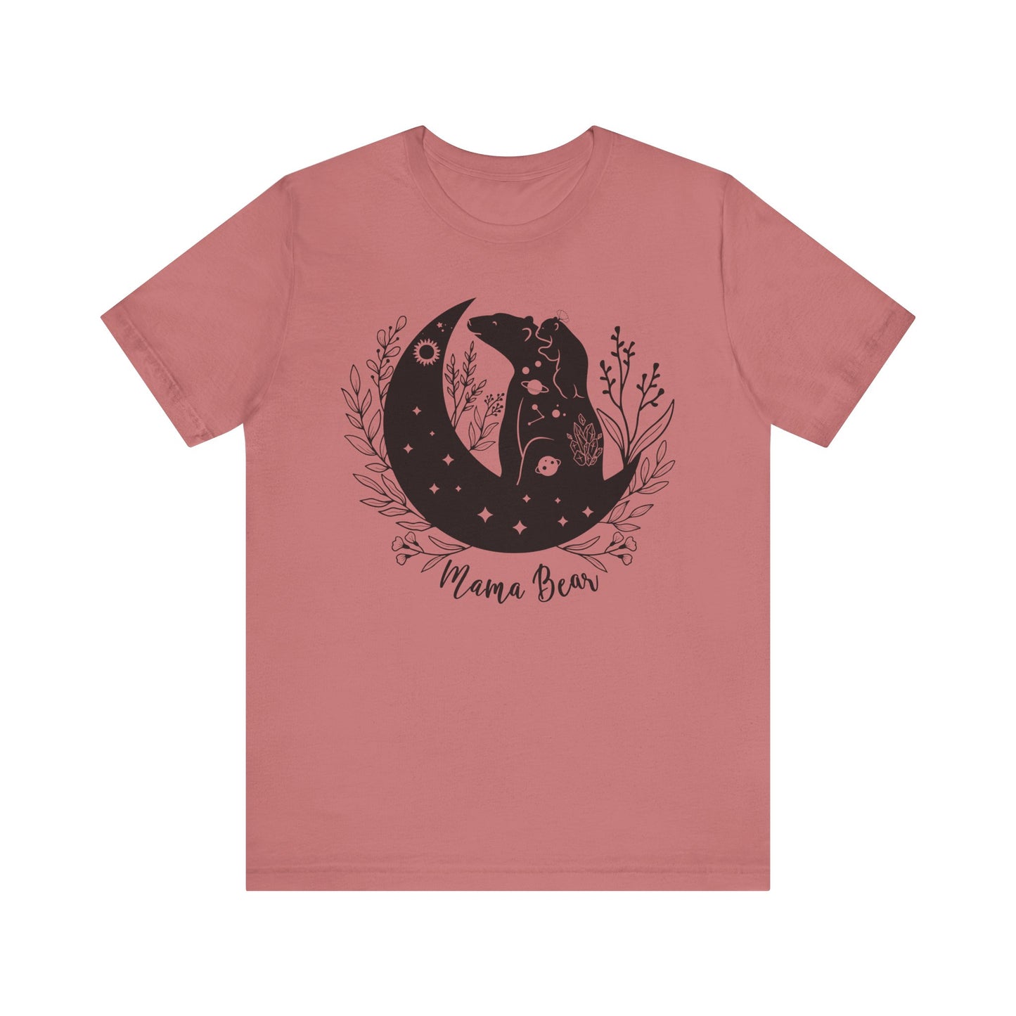 Flat lay of the "Mamma Bear" T-Shirt, highlighting the soft Airlume cotton fabric and classic crew neckline. Mauve