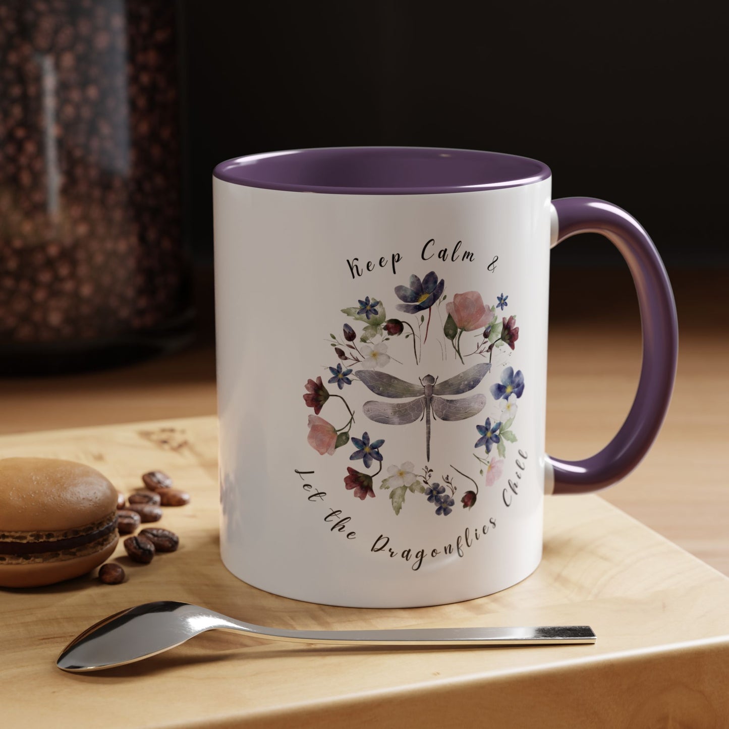Keep Calm & Let Dragonflies Chill Coffee Mug, featuring a charming design of dragonflies and wildflowers on a white ceramic mug. Available in 11oz and 15oz.